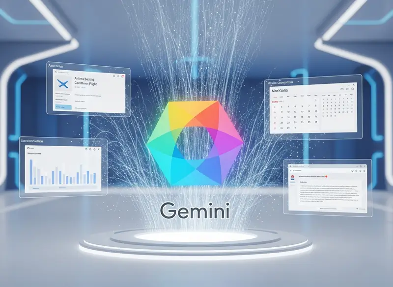 Gemini AI emblem automating tasks on holographic screens (2026).