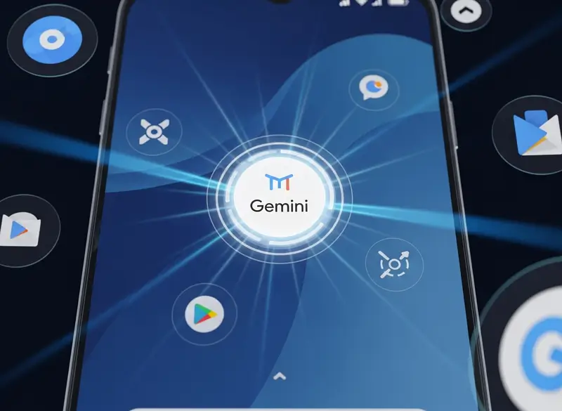 Smartphone with Gemini logo replacing Google Assistant (2026).