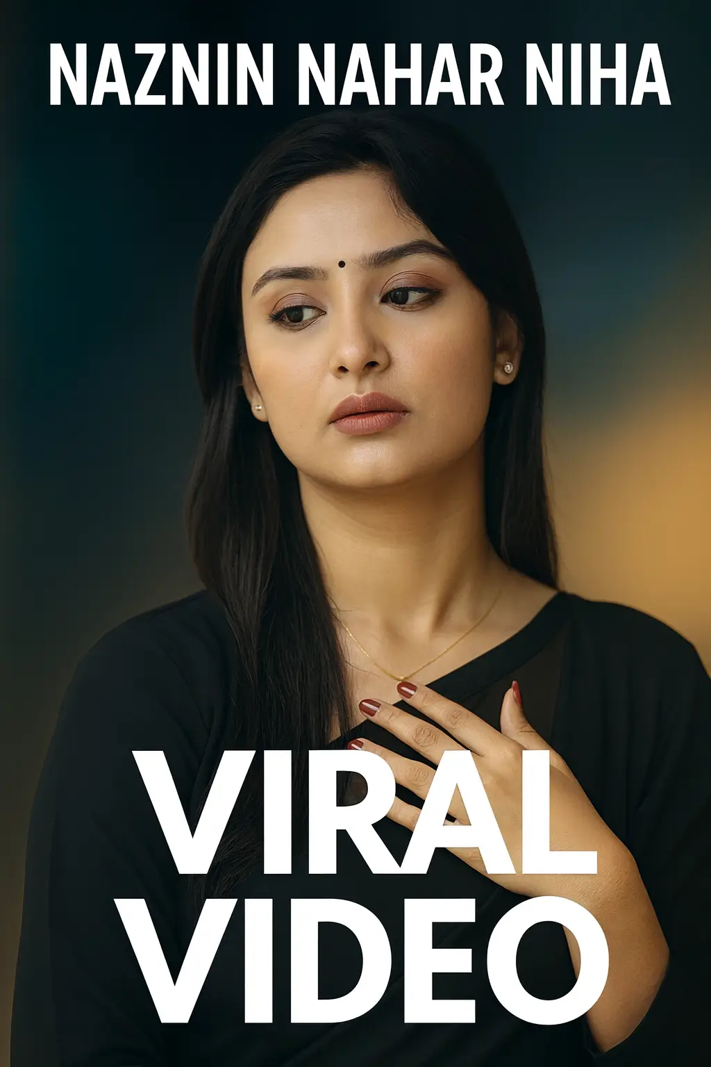 Close-up professional image of a young woman with natural makeup and black attire, used in the 'Naznin Nahar Niha Viral Video' promotional poster with a clean, aesthetic background.