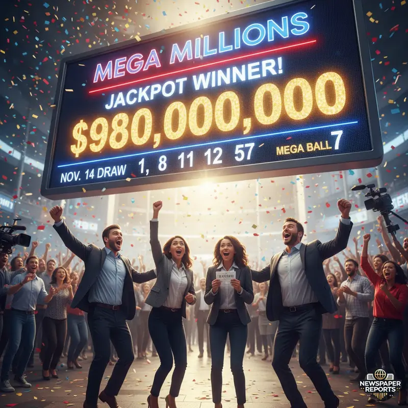 Mega Millions Jackpot winner celebration with $980 million prize shown on a large screen after November 14 drawing