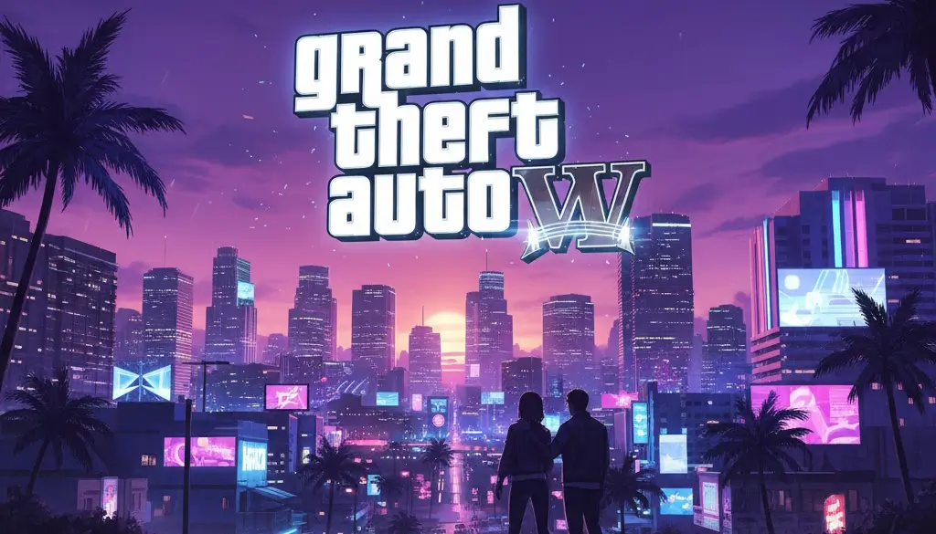 Digital art of the GTA 6 logo over a neon Vice City skyline with a hint of delay.