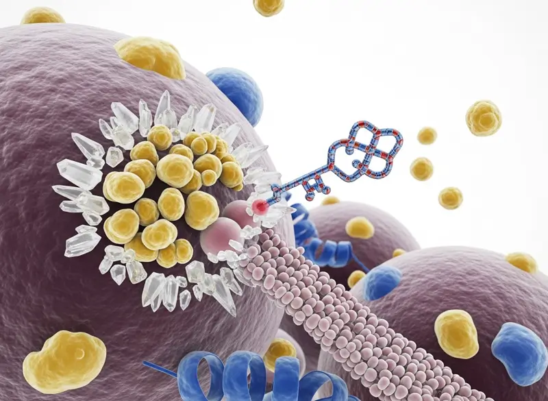Medical illustration of a cell receptor blocked by fat and sugar particles, explaining the mechanism of insulin resistance and Type 2 Diabetes onset.