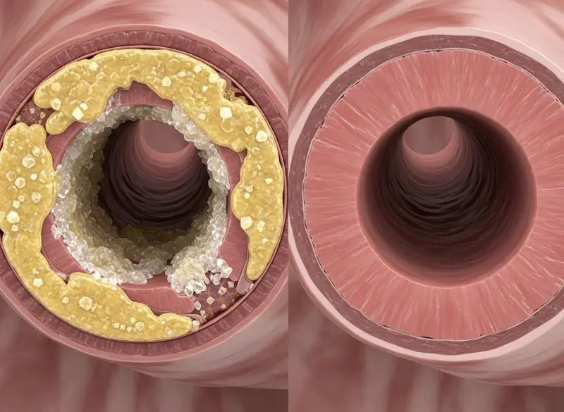 Realistic medical image showing an artery wall coated with plaque due to high sugar consumption, increasing the risk of heart disease.