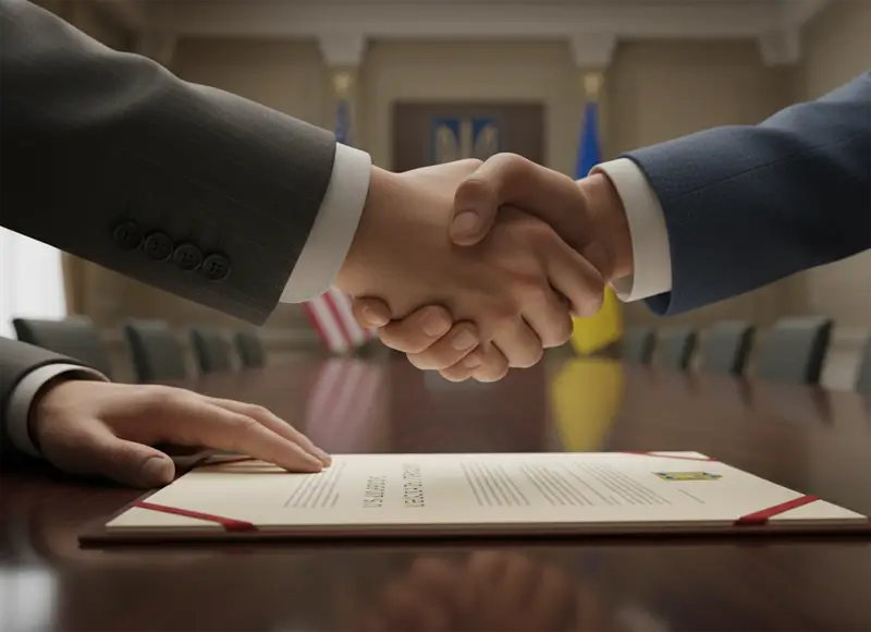 Conceptual image of the finalization of key terms of the US-Ukraine peace agreement, indicating a diplomatic breakthrough.