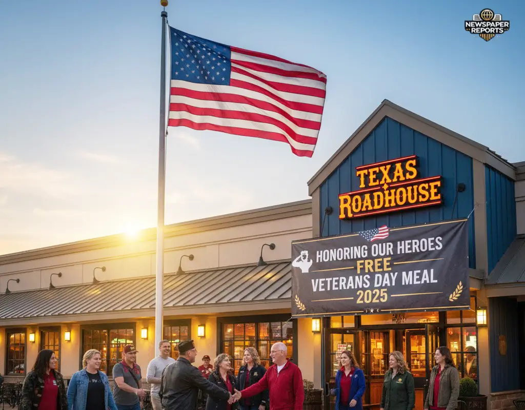 Texas Roadhouse restaurant exterior sign with an American flag prominently displayed, signifying Veterans Day recognition.
