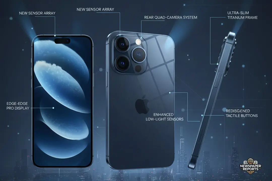 iPhone 17 full body design concept showing front, rear camera module, and side view with expected price and release date 2025