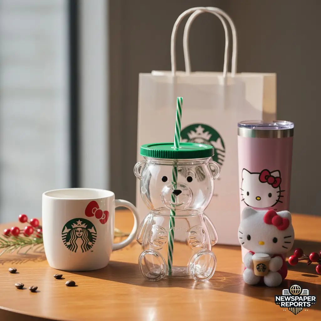 Starbucks Bearista Cold Cup beside Hello Kitty Starbucks merchandise.