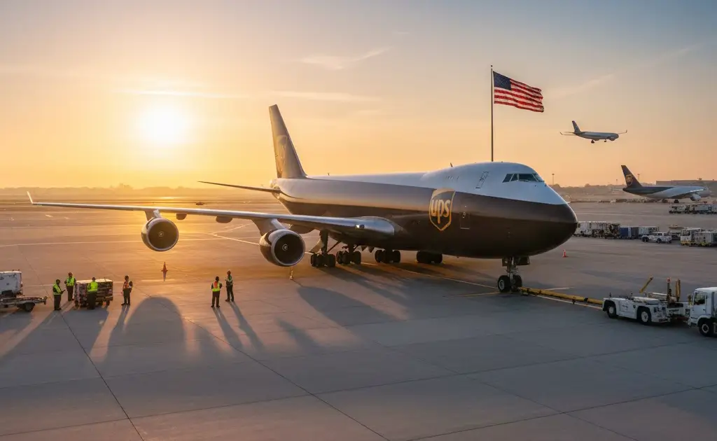 UPS cargo aircraft parked at an airport.